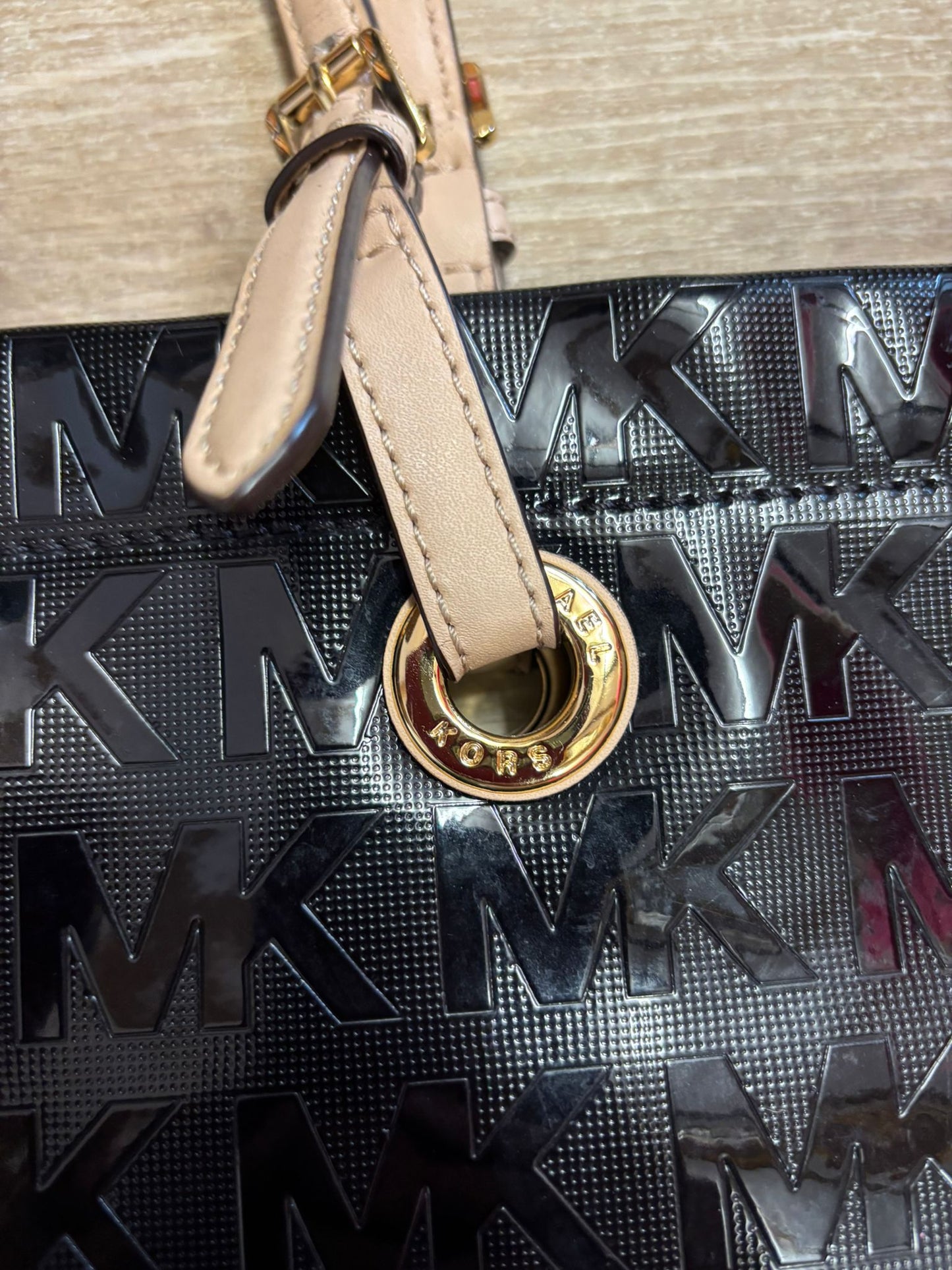 Michael Kors Jet Set Logo Tote Black Shiny Shoulder Patent Leather Bag