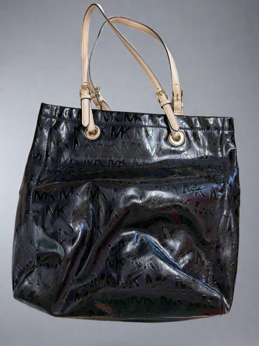 Michael Kors Jet Set Logo Tote Black Shiny Shoulder Patent Leather Bag