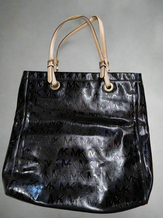 Michael Kors Jet Set Logo Tote Black Shiny Shoulder Patent Leather Bag