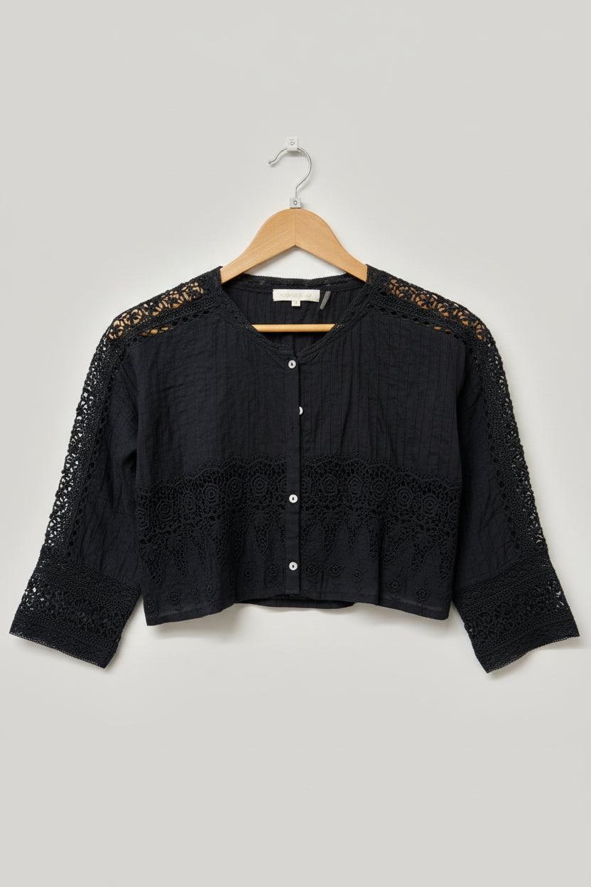 Love Shack Fancy Black Floral Crochet Cropped Top Shirt Size Small Short Blouse - GOOD USED CONDITION