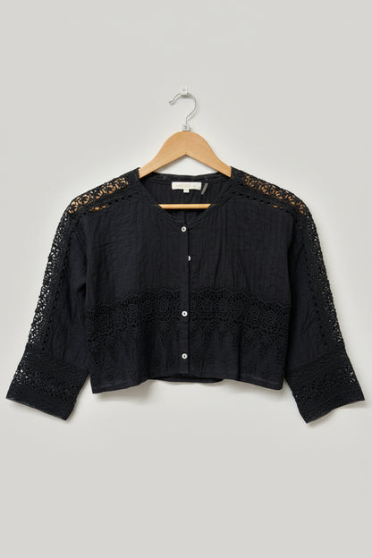Love Shack Fancy Black Floral Crochet Cropped Top Shirt Size Small Short Blouse - GOOD USED CONDITION