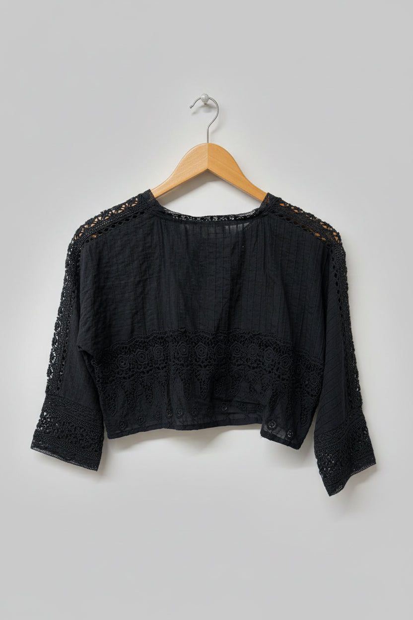 Love Shack Fancy Black Floral Crochet Cropped Top Shirt Size Small Short Blouse - GOOD USED CONDITION