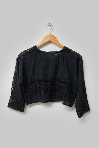 Love Shack Fancy Black Floral Crochet Cropped Top Shirt Size Small Short Blouse - GOOD USED CONDITION