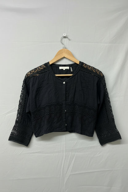 Love Shack Fancy Black Floral Crochet Cropped Top Shirt Size Small Short Blouse - GOOD USED CONDITION