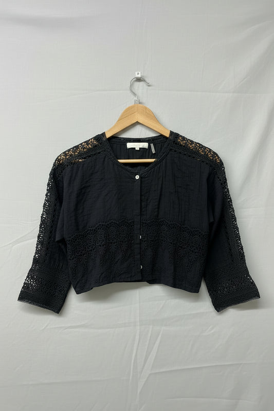 Love Shack Fancy Black Floral Crochet Cropped Top Shirt Size Small Short Blouse - GOOD USED CONDITION