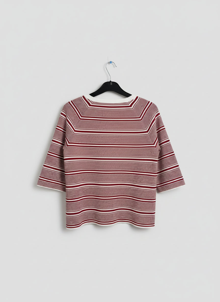 MAJE (1) Red & White Stripe Knitted Floral Jumper Sweater Top 1/2 Sleeves UK 8 EU 36