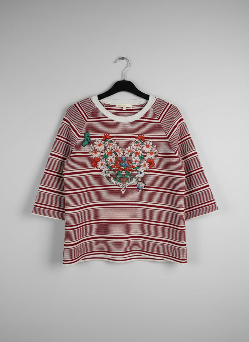MAJE (1) Red & White Stripe Knitted Floral Jumper Sweater Top 1/2 Sleeves UK 8 EU 36