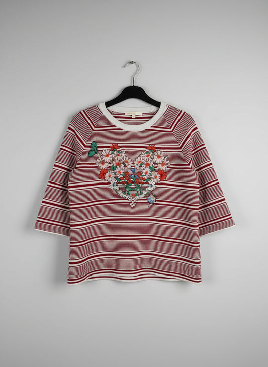 MAJE (1) Red & White Stripe Knitted Floral Jumper Sweater Top 1/2 Sleeves UK 8 EU 36