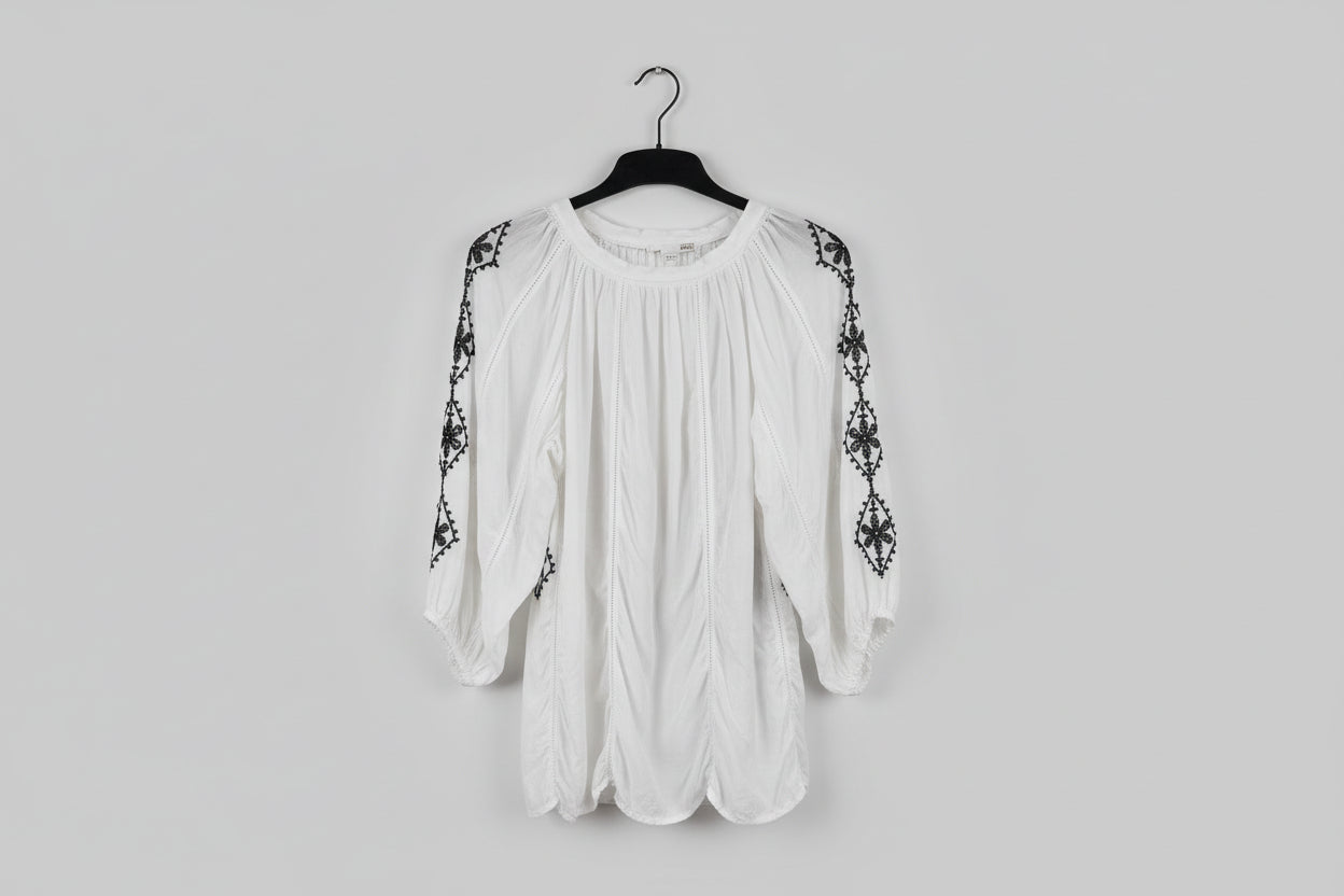 Melissa Odabash White Rayon Smock Tunic Top Black Stitched Sequinned - One Size - GOOD USED CONDITION