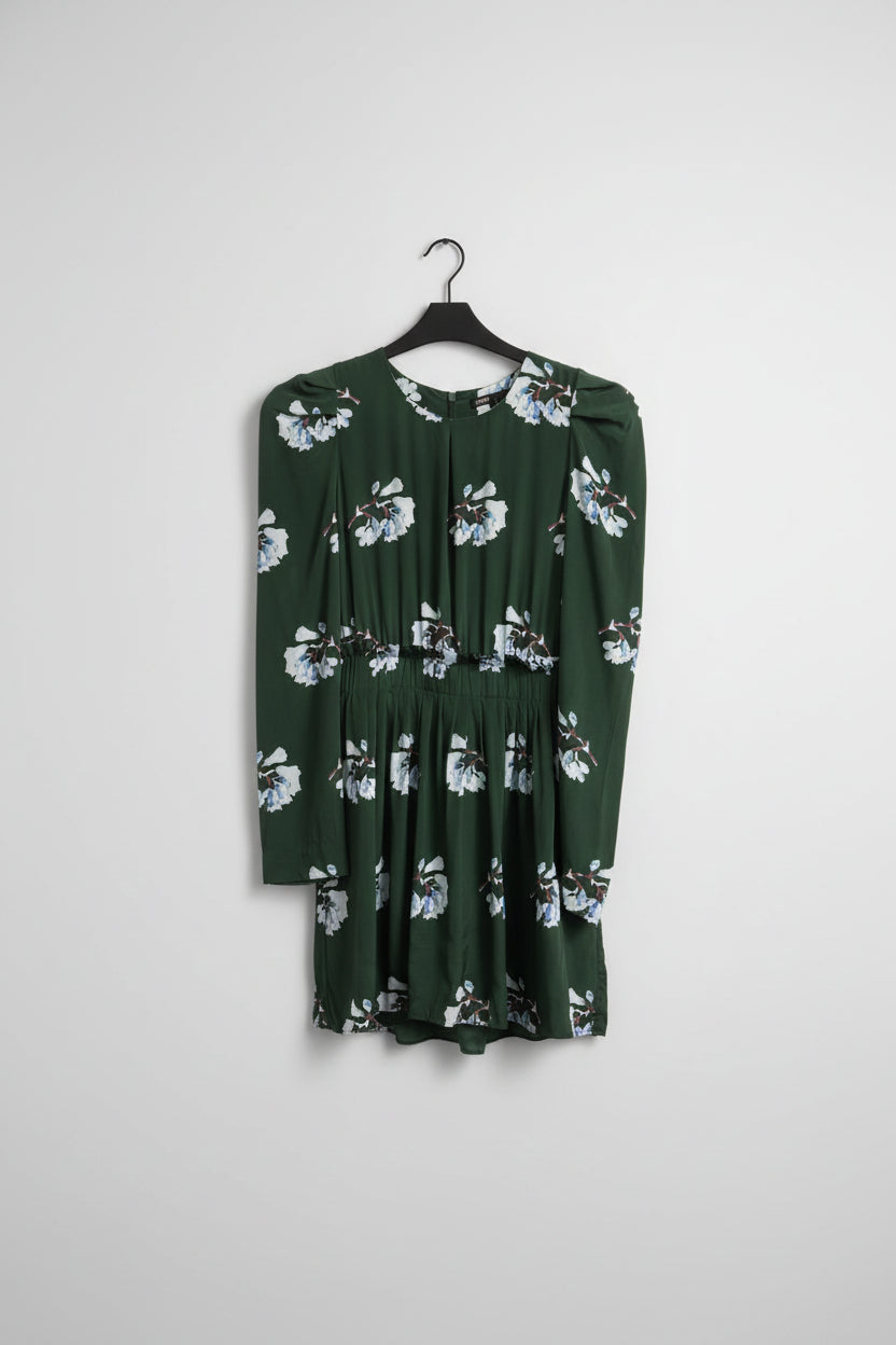 MAJE Green Floral Dress UK 10 EU 38 Pleat Swing Tea Dress Silk-Blend