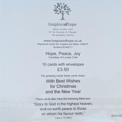 A clear plastic sleeve containing a white card from Hospices of Hope, printed with text and a small tree logo, placed on a light brown wooden surface.