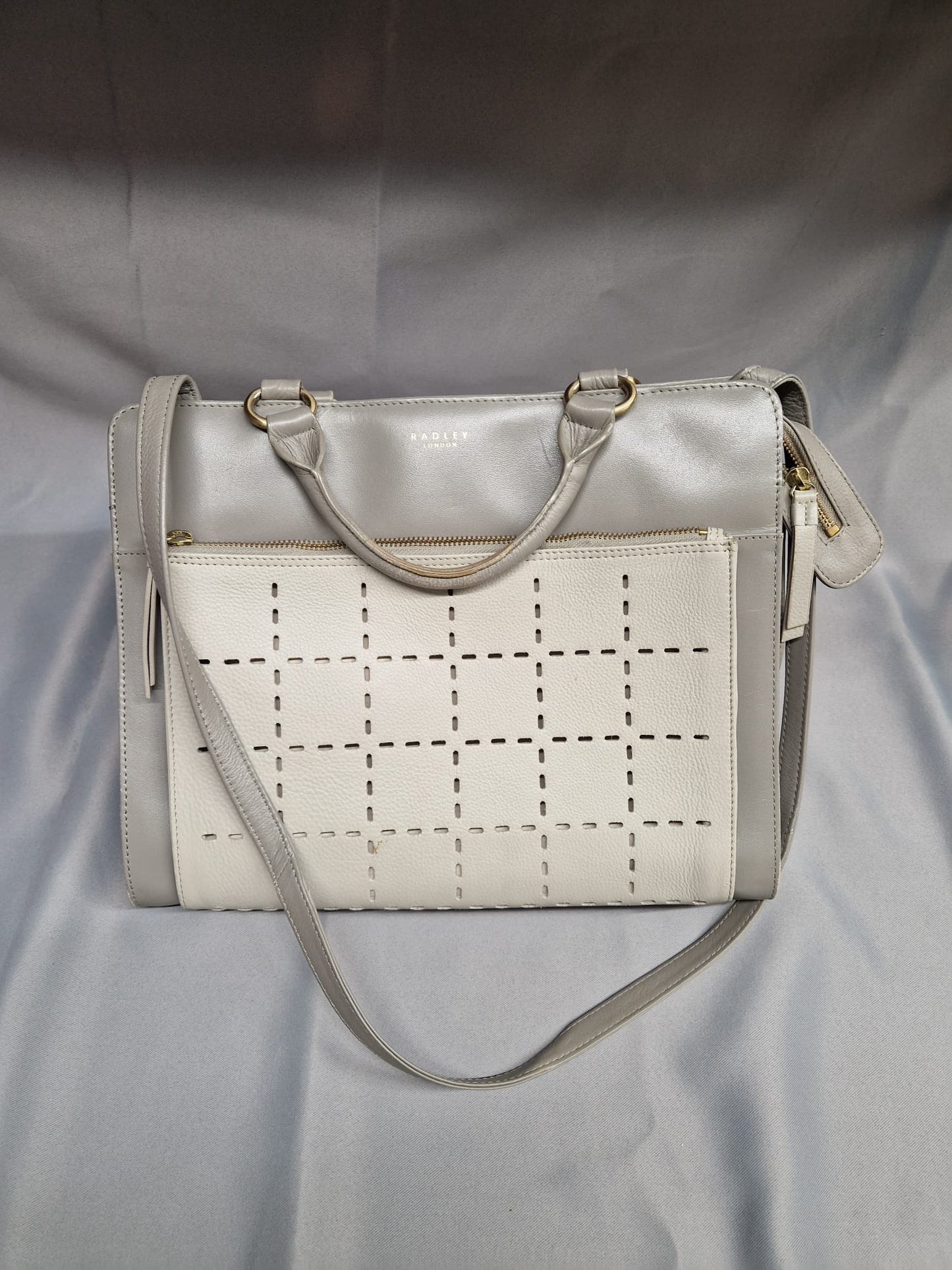 RADLEY Grey Leather Handbag Long-Shoulder Strap Geo Cut-Out - GOOD USED CONDITION