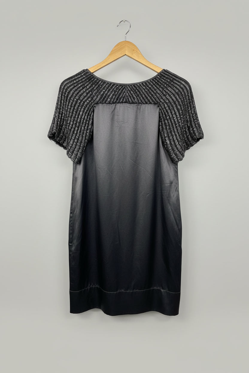 REISS Grey Silk Beaded Dress UK 12 EU 40 Scallop Sleeves - GOOD USED CONDITION