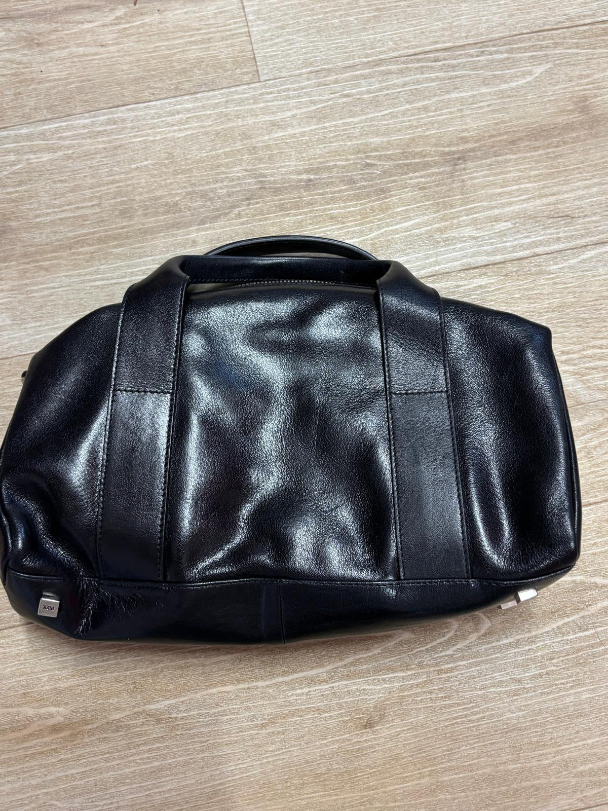 Ri2k Mini Black Leather Handbag Double Top Handles Grab Bag