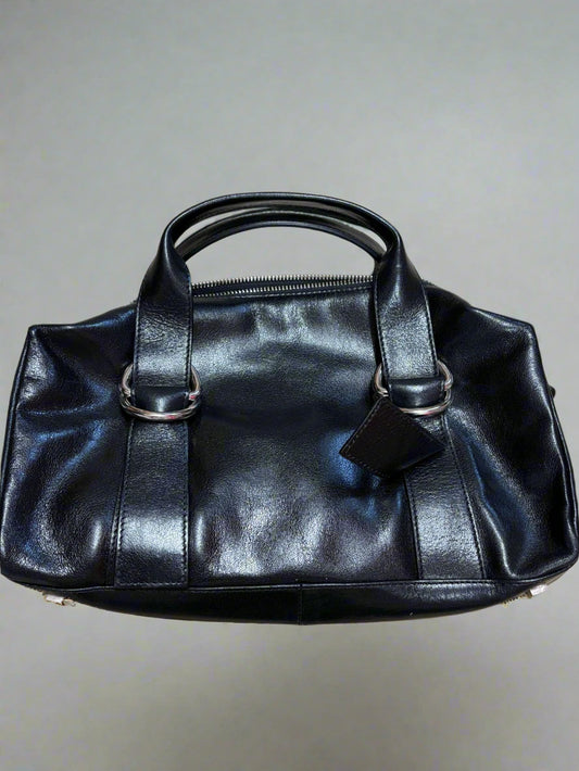 Ri2k Mini Black Leather Handbag Double Top Handles Grab Bag