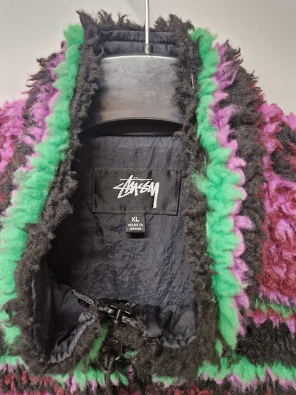 Stussy (XL) Sherpa Gilet Striped Jacket Size Extra Large Purple & Green Fleece Sleeveless - GOOD USED CONDITION