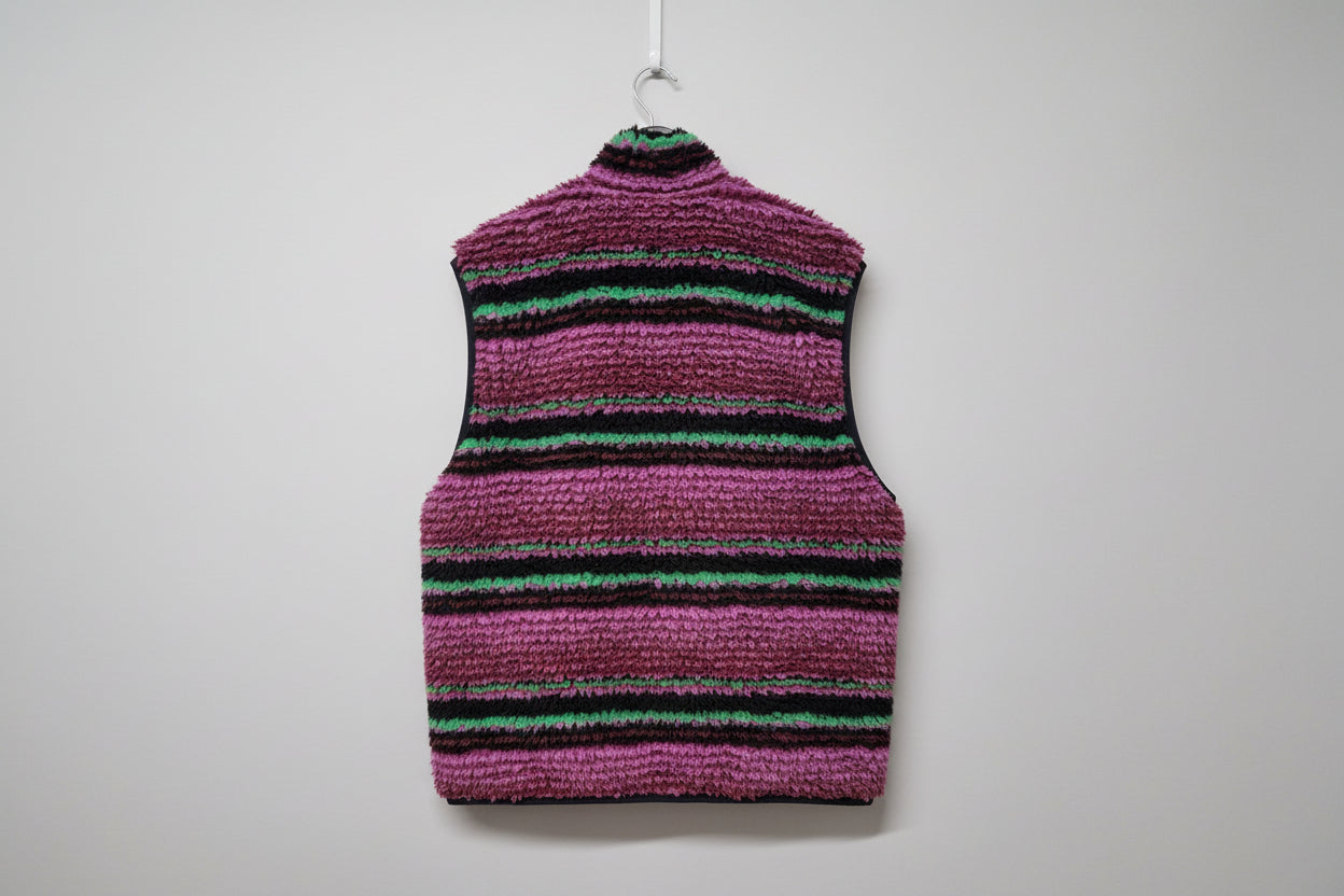 Stussy (XL) Sherpa Gilet Striped Jacket Size Extra Large Purple & Green Fleece Sleeveless - GOOD USED CONDITION