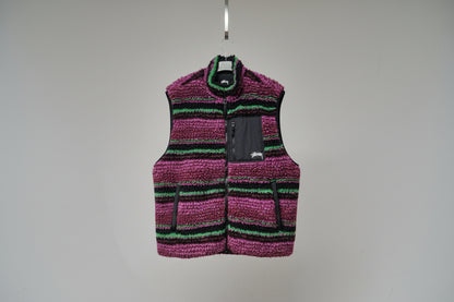 Stussy (XL) Sherpa Gilet Striped Jacket Size Extra Large Purple & Green Fleece Sleeveless - GOOD USED CONDITION