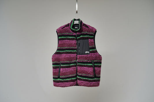 Stussy (XL) Sherpa Gilet Striped Jacket Size Extra Large Purple & Green Fleece Sleeveless - GOOD USED CONDITION