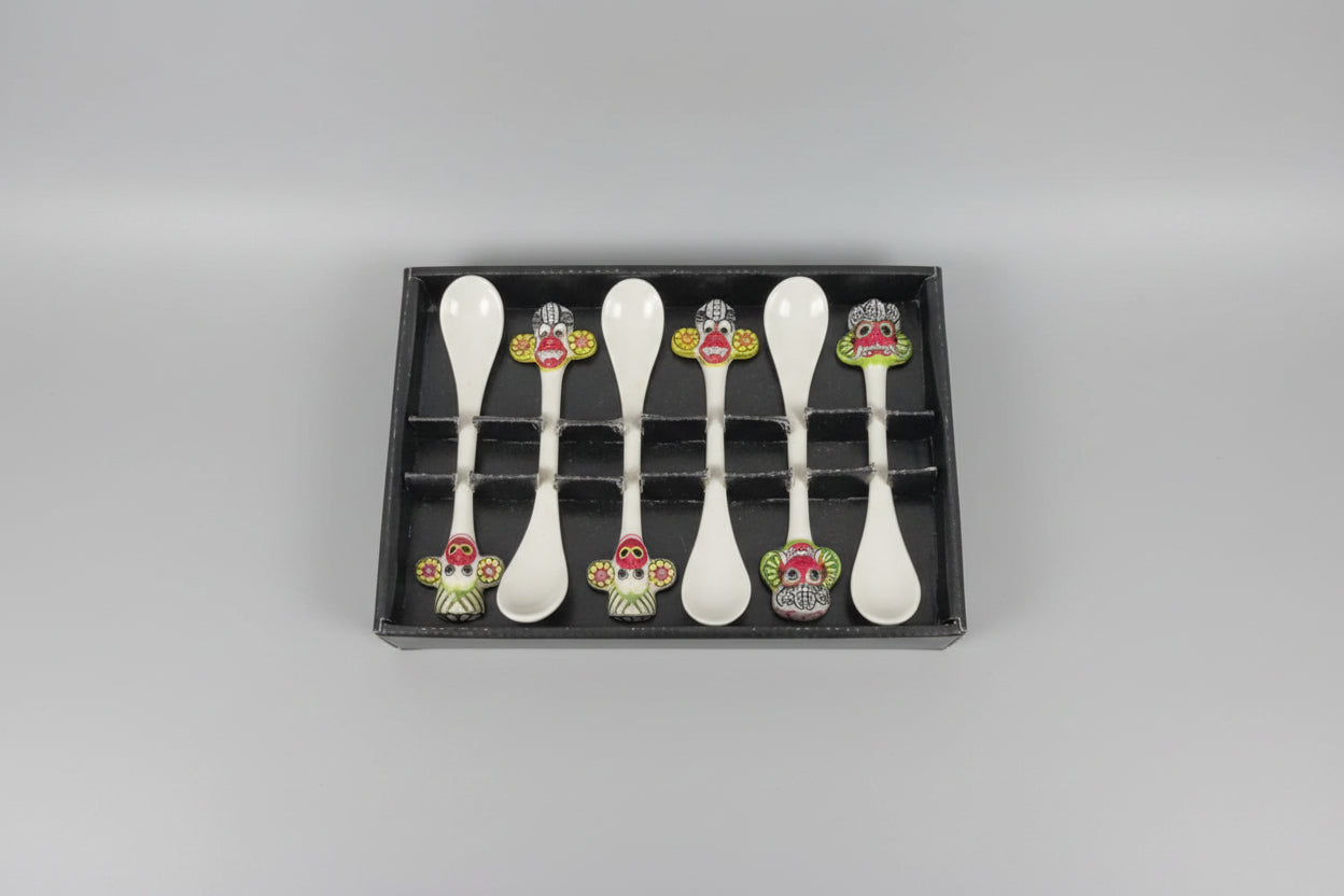Set of 6 Hand-Painted Sri Lankan Mask Ceramic Spoons (3 Designs)