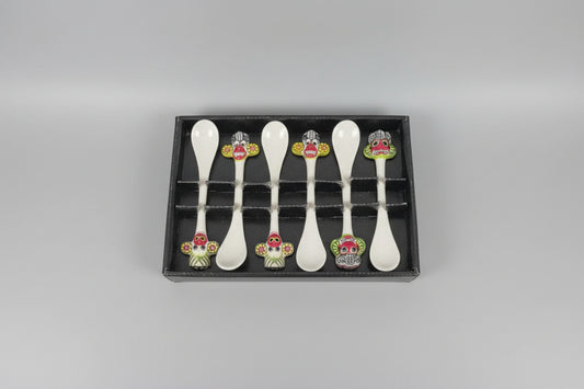 Set of 6 Hand-Painted Sri Lankan Mask Ceramic Spoons (3 Designs)
