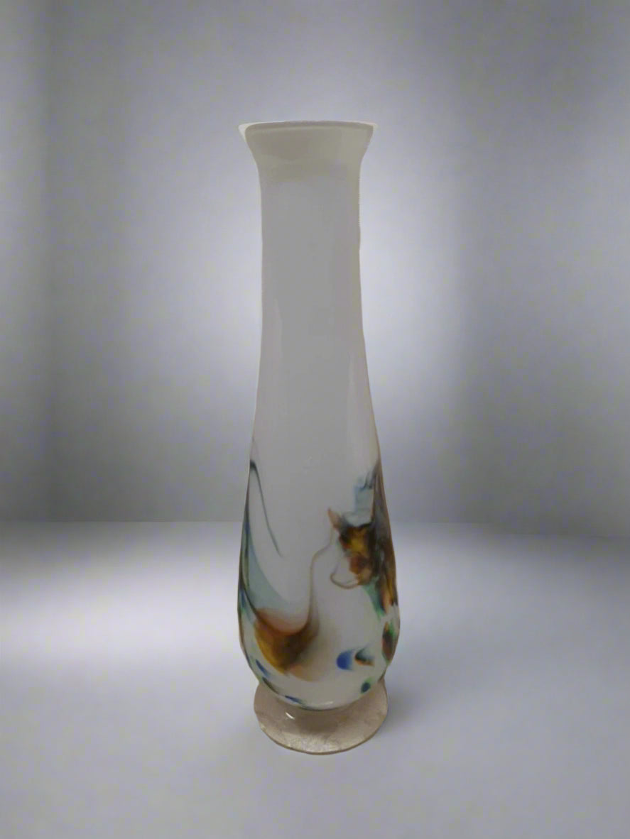 Vintage White Cased Murano Art Glass 11" Footed Vase with Multi Coloured Swirls