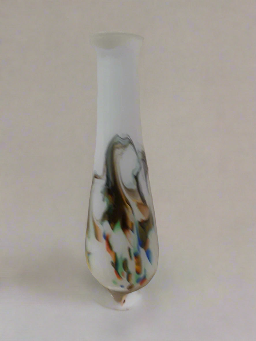 Vintage White Cased Murano Art Glass 11" Footed Vase with Multi Coloured Swirls