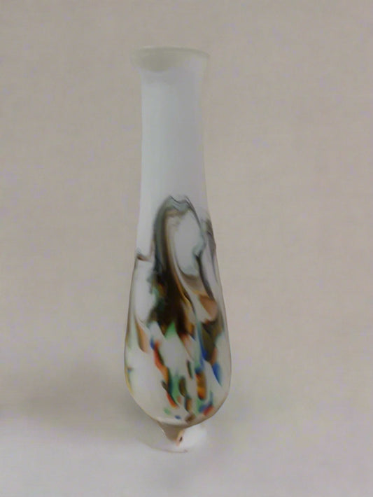 Vintage White Cased Murano Art Glass 11" Footed Vase with Multi Coloured Swirls