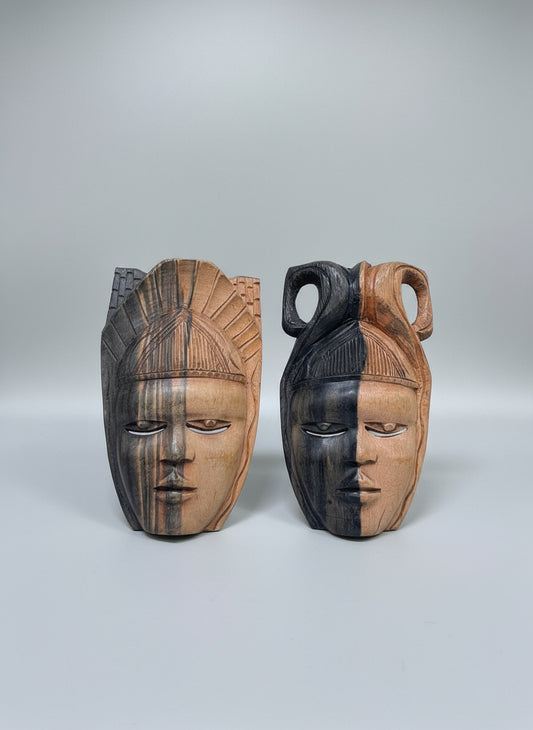 Hand Carved Wood Wall Decor Tribal Mask Man + Woman