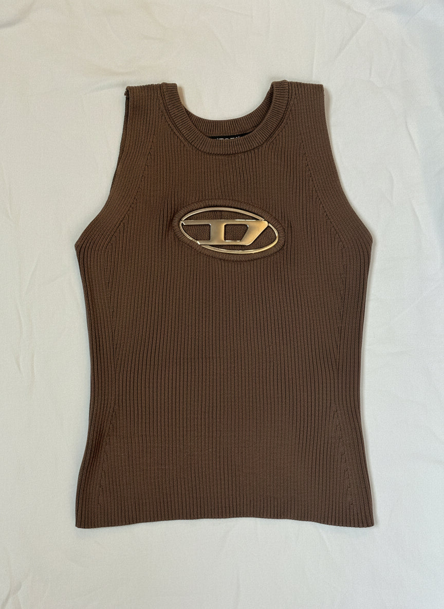 Diesel (S) Brand M-Onerva Tank Top UK 8 Cut Out Knit Vest Logo Plaque Brown