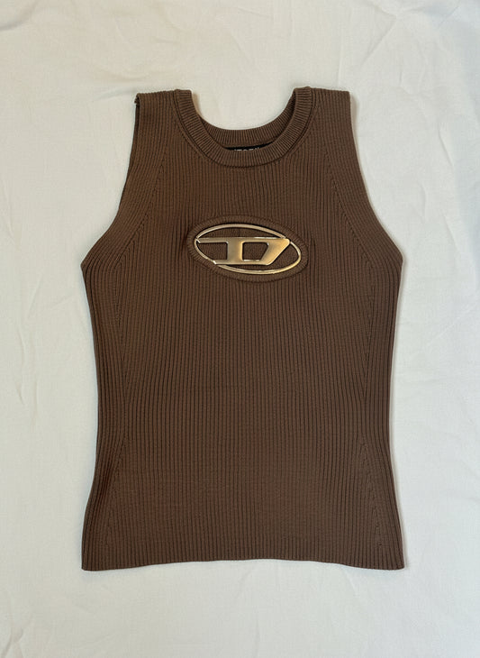 Diesel (S) Brand M-Onerva Tank Top UK 8 Cut Out Knit Vest Logo Plaque Brown
