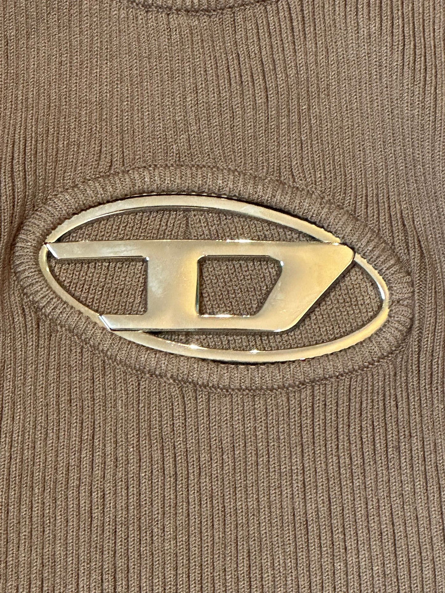 Diesel (S) Brand M-Onerva Tank Top UK 8 Cut Out Knit Vest Logo Plaque Brown