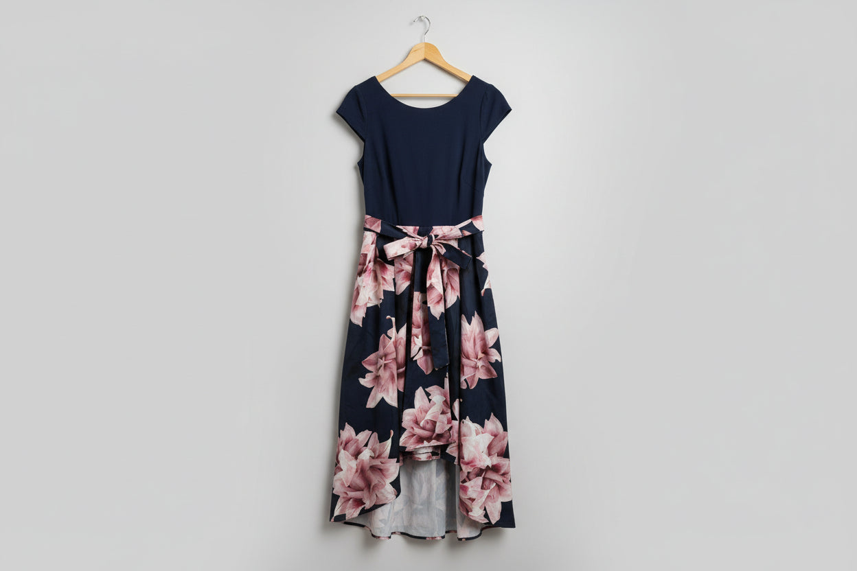 BNWT Gina Bacconi High-Low Dress Navy with Pink Florals UK 16 RRP £250