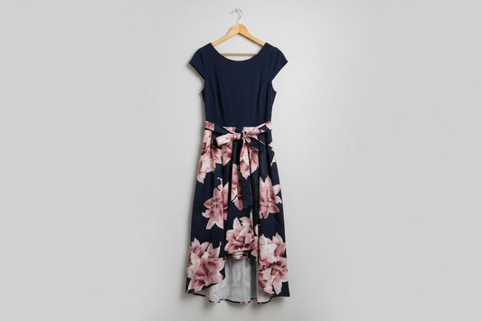 BNWT Gina Bacconi High-Low Dress Navy with Pink Florals UK 16 RRP £250