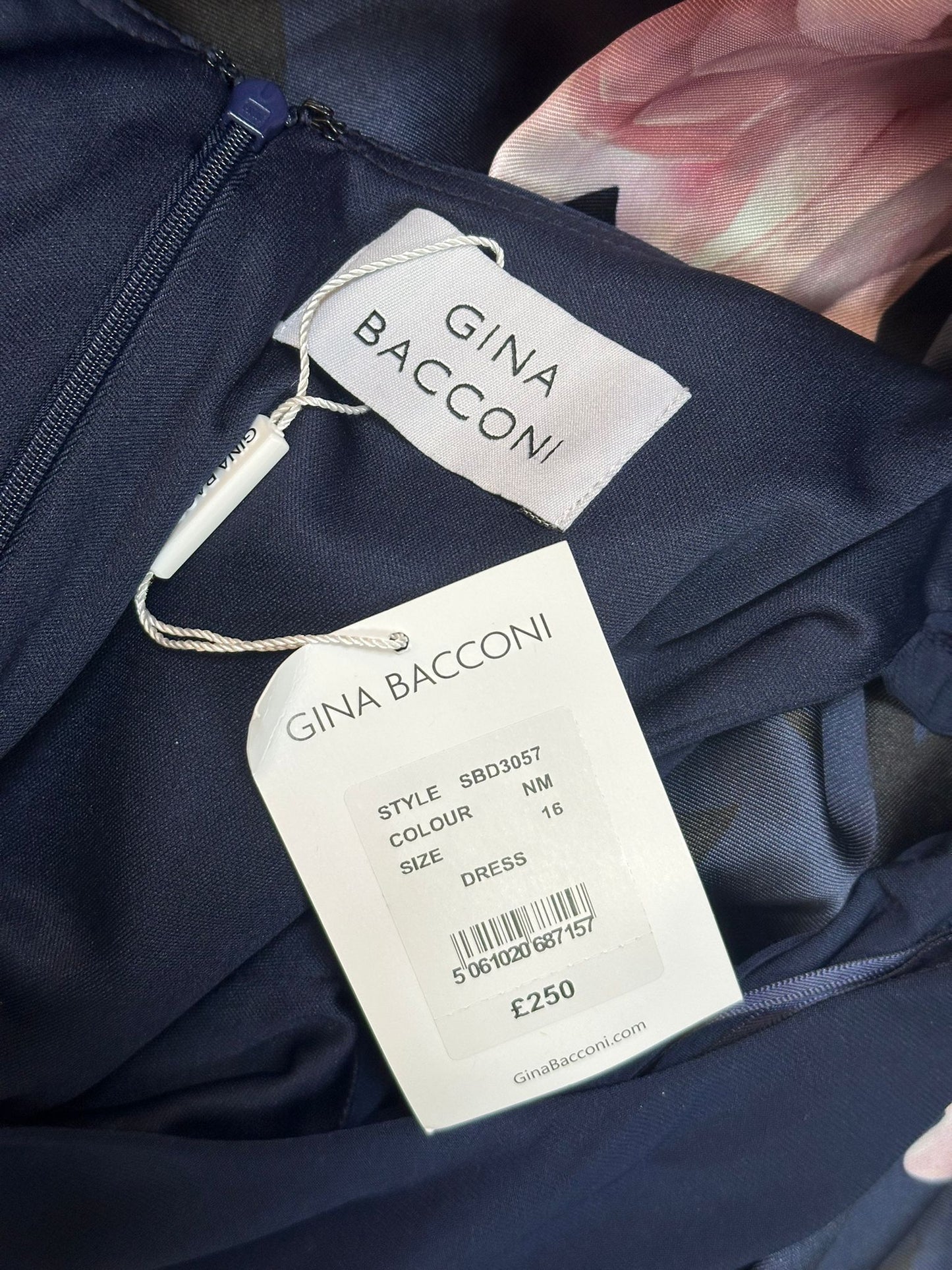 BNWT Gina Bacconi High-Low Dress Navy with Pink Florals UK 16 RRP £250