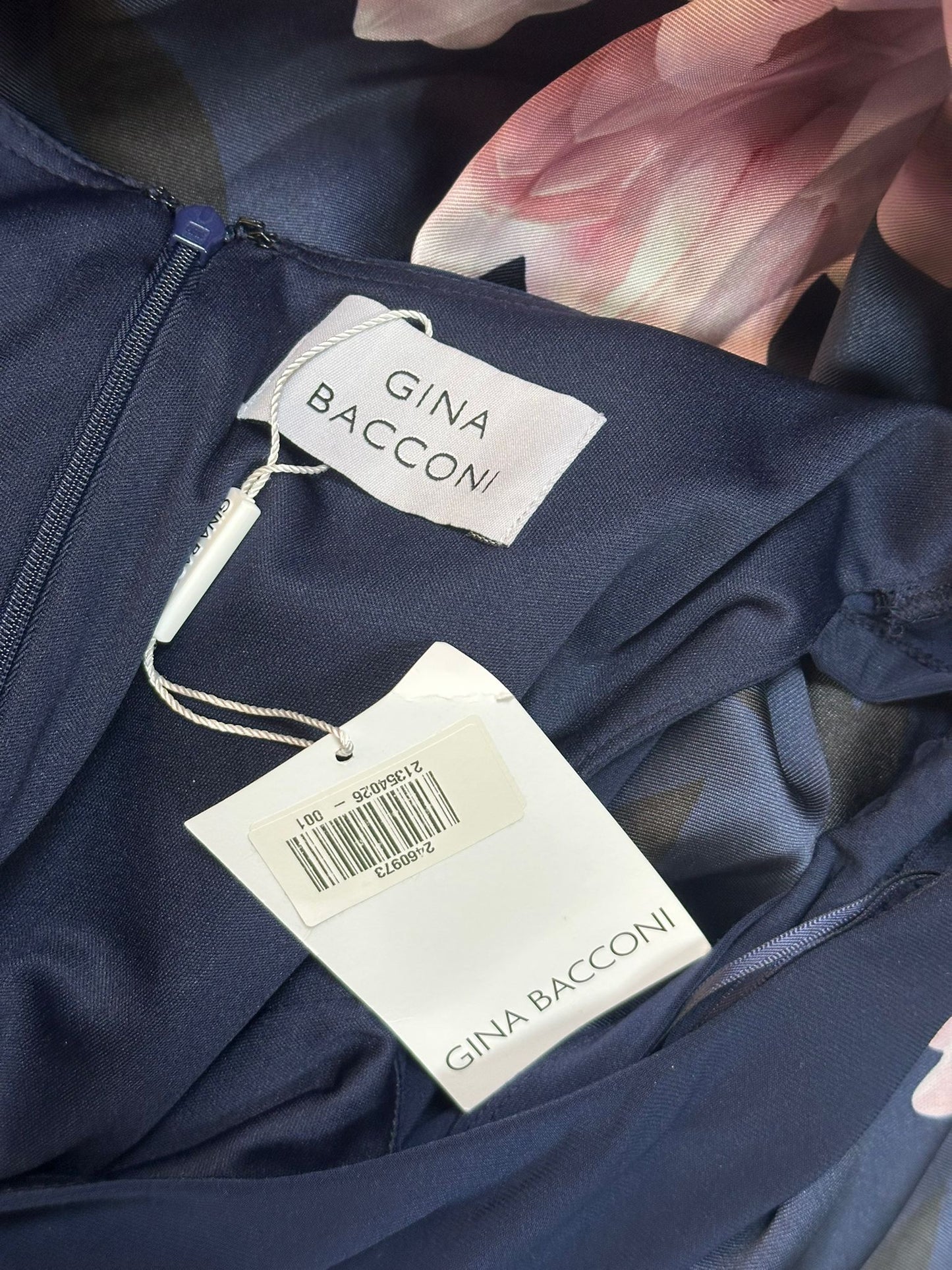 BNWT Gina Bacconi High-Low Dress Navy with Pink Florals UK 16 RRP £250