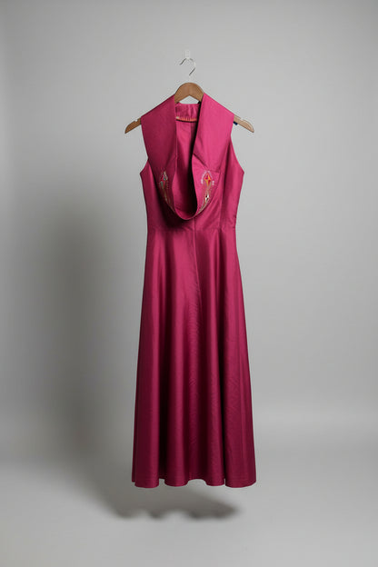 IRENE VAN RYB Women's Dark Pink Dress w/ Detachable Shawl - EU 40/UK 12 100% SILK (USED)