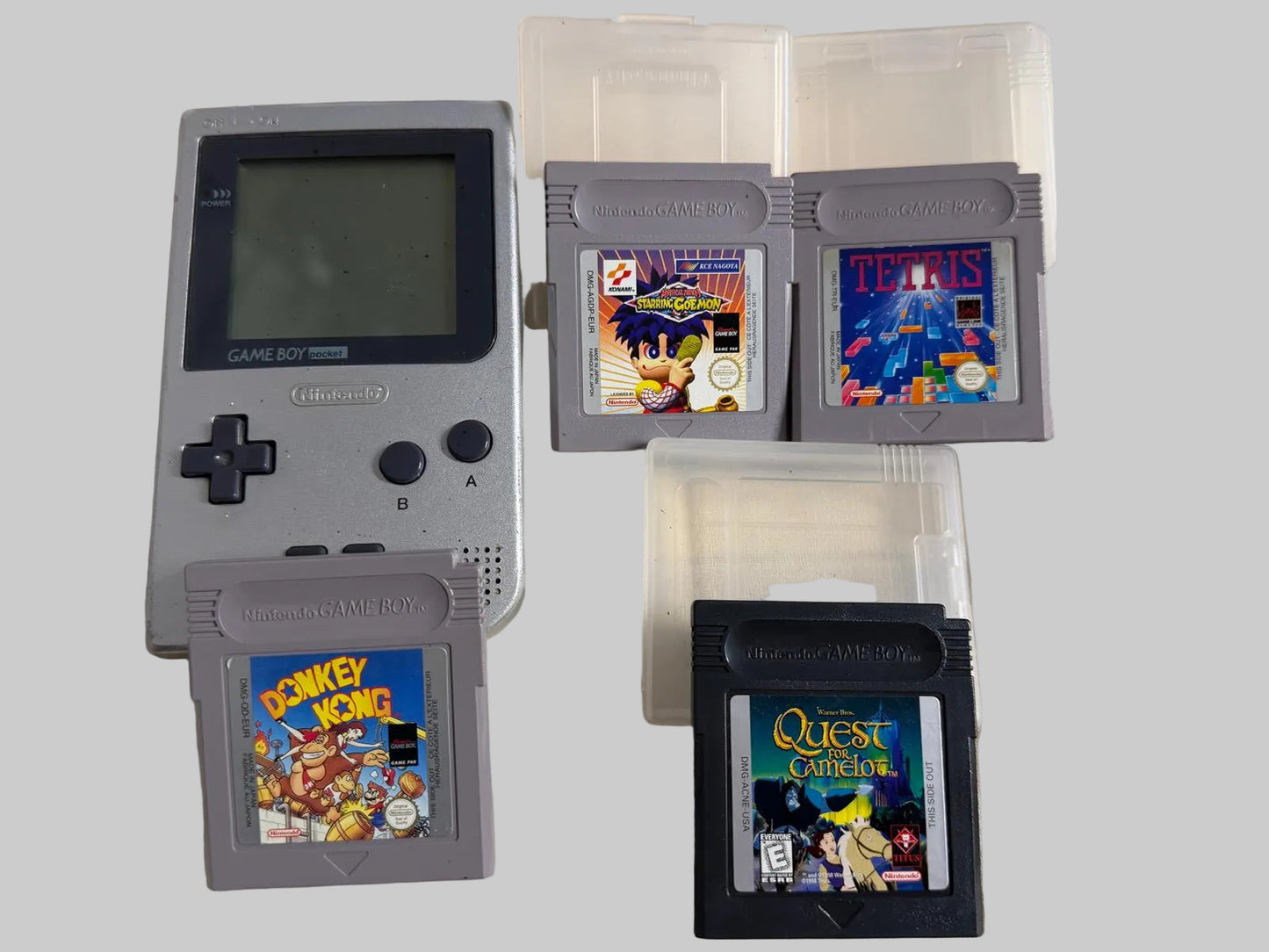 USED - Nintendo Game Boy Pocket Silver Console Bundle + 4 Games (Donkey Kong, Mystical Ninja) - 100% Charity