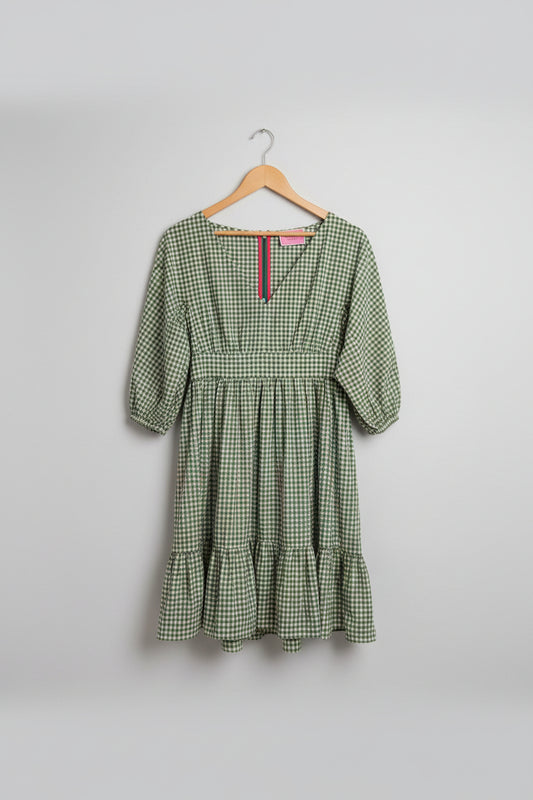 Kate Spade Green Gingham Dress UK 6 EU 34 V-Neck Ruffle Frill Hem