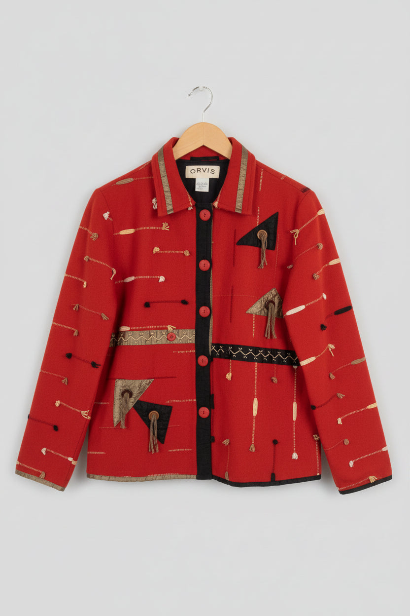 ORVIS (S) Western Tasselled Boho Jacket - UK 8 10 EU 36 38 - Aztec Red Stitched - Blazer