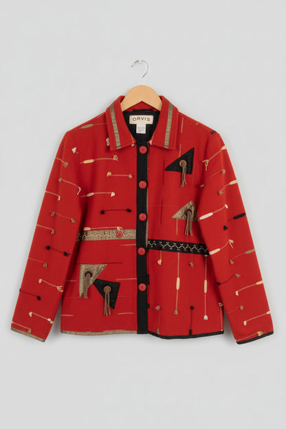ORVIS (S) Western Tasselled Boho Jacket - UK 8 10 EU 36 38 - Aztec Red Stitched - Blazer