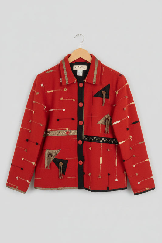 ORVIS (S) Western Tasselled Boho Jacket - UK 8 10 EU 36 38 - Aztec Red Stitched - Blazer