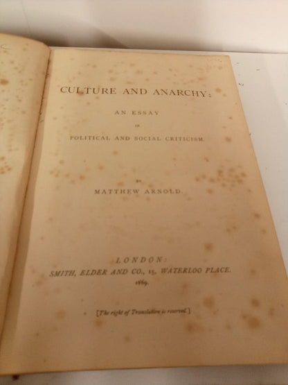 Culture and Anarchy: An Essay in Political and Social Criticism by Matthew Arnold- First Edition 1869