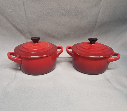 2 Le Creuset Mini Cocotte Lidded Pots with Handles - GOOD USED CONDITION