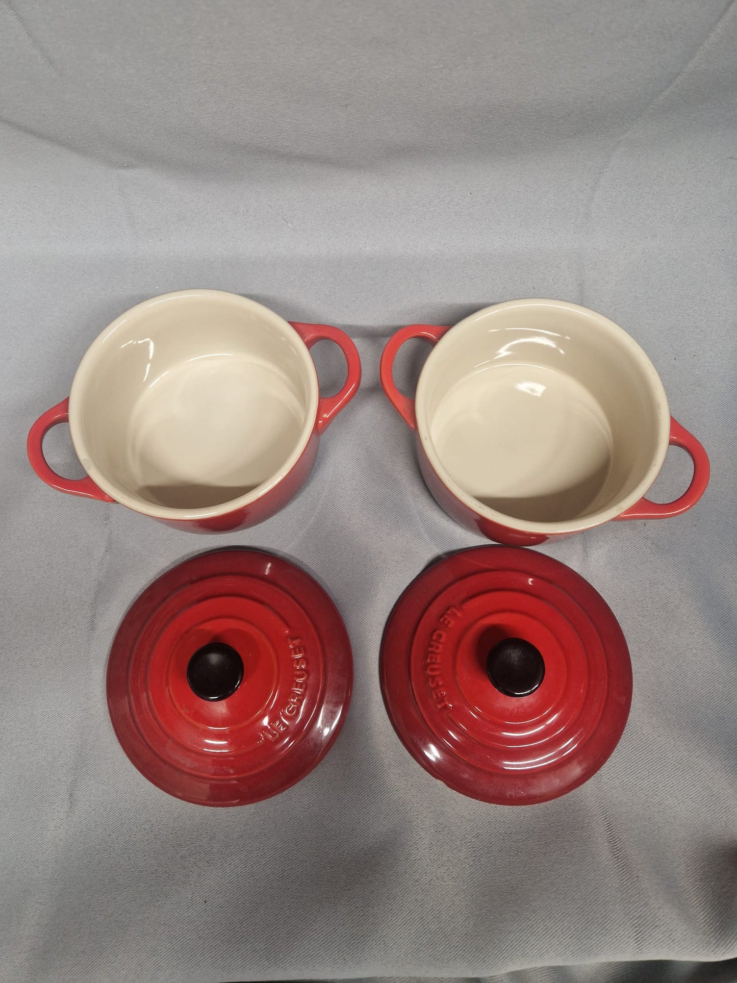 2 Le Creuset Mini Cocotte Lidded Pots with Handles - GOOD USED CONDITION
