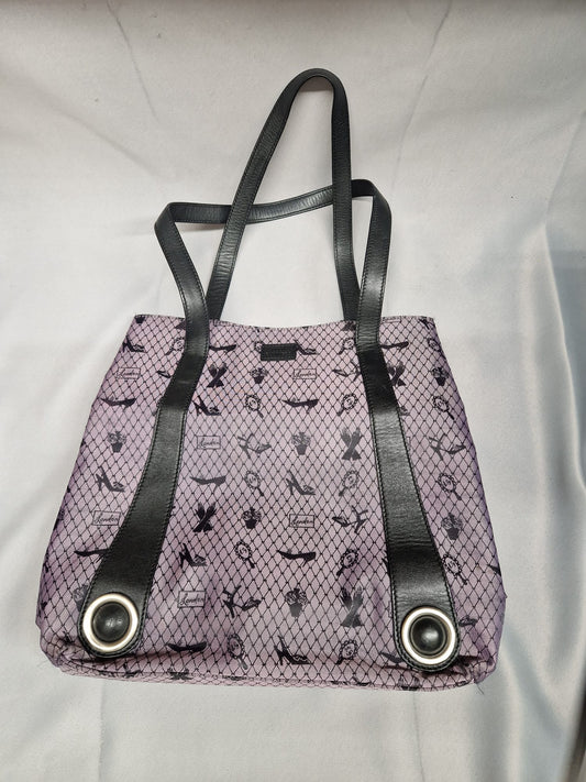 Lulu Guinness Tote Bag Purple & Black Fishnet Heels Print & Dust Bag - Good Used Condition