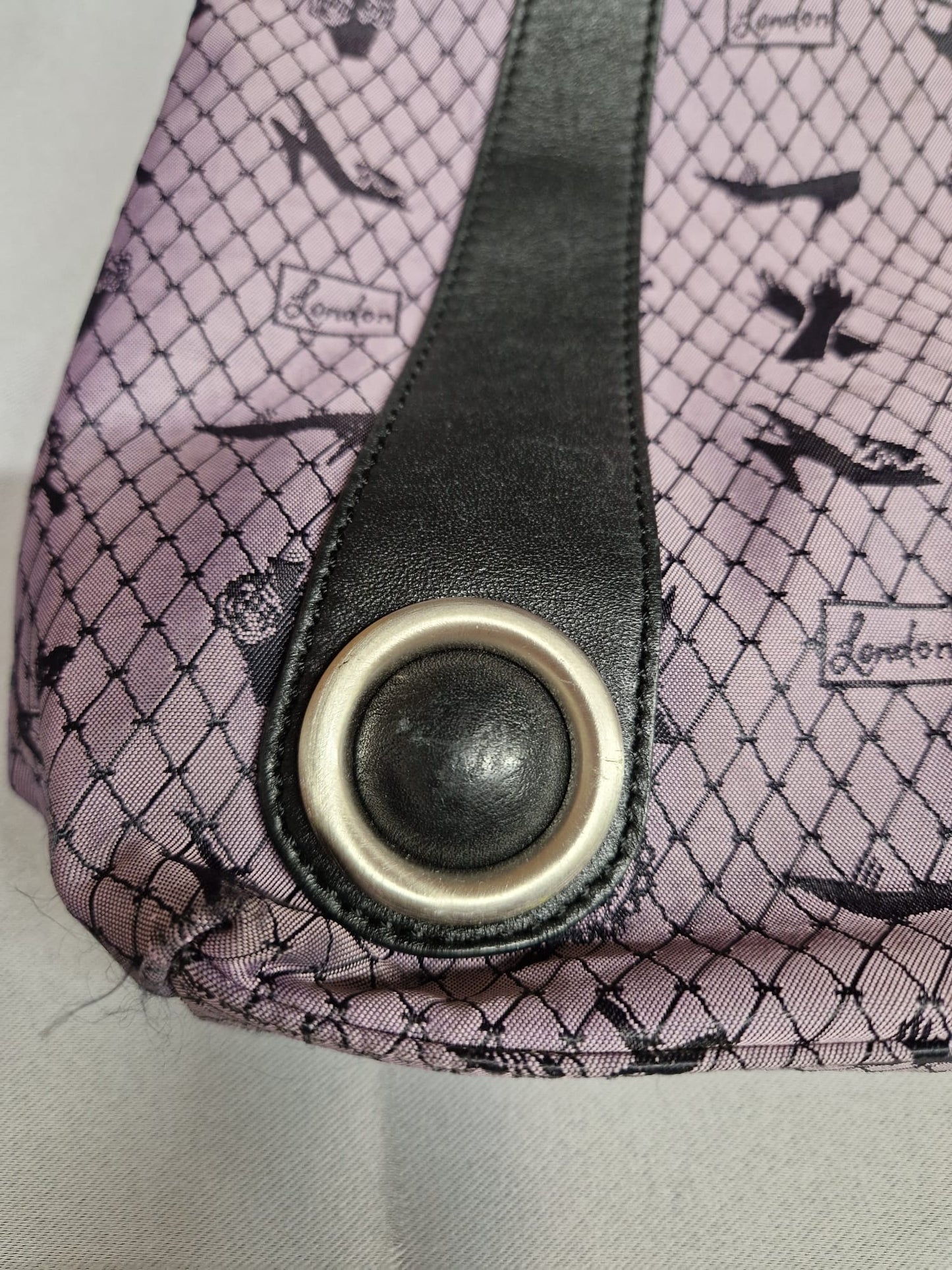 Lulu Guinness Tote Bag Purple & Black Fishnet Heels Print & Dust Bag - Good Used Condition
