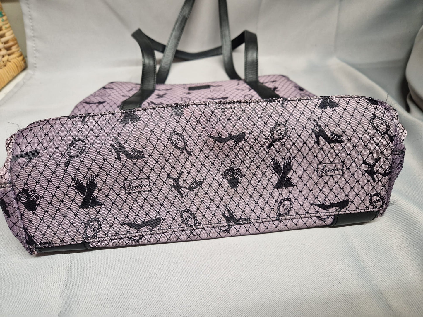 Lulu Guinness Tote Bag Purple & Black Fishnet Heels Print & Dust Bag - Good Used Condition