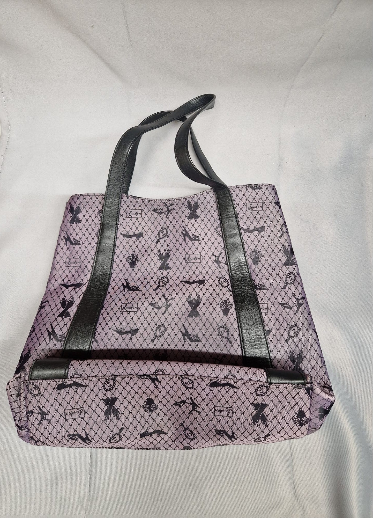 Lulu Guinness Tote Bag Purple & Black Fishnet Heels Print & Dust Bag - Good Used Condition