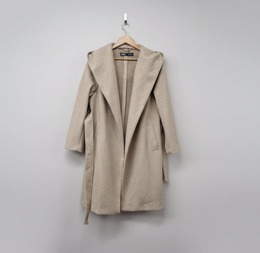 Zara (M) Hooded Belted Wrap Coat Beige Size Medium